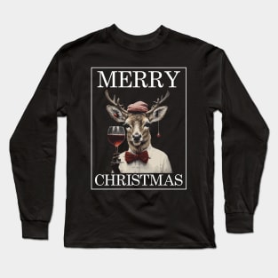 Christmas Deer with Wine Glass Funny Christmas Long Sleeve T-Shirt